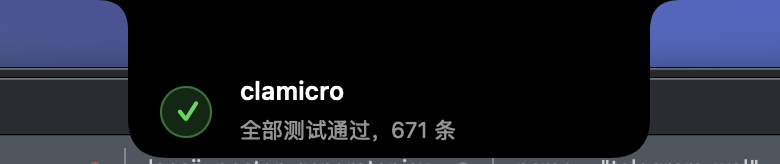 A notification capsule rendered at the Mac's notch: a green check badge, the project name, and the result line